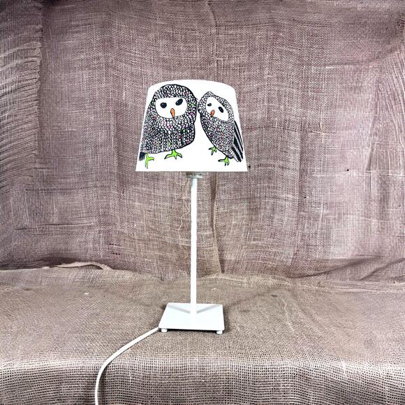 IKEA GULORT Owl Motif Discontinued Fabric Lamp Shade and Cream Metal Base Lamp